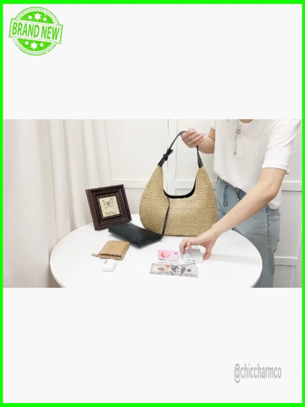 Straw Hobo Handbag with Adjustable Strap, Summer Beach Tote Purse